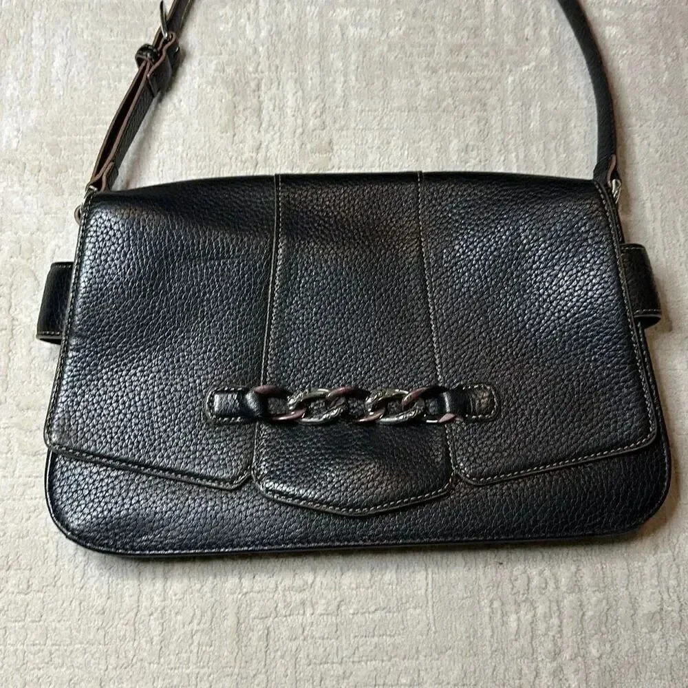 Brighton Black Pebbled Leather Chain Accent Multi Compartment Bag - Picture 2 of 13